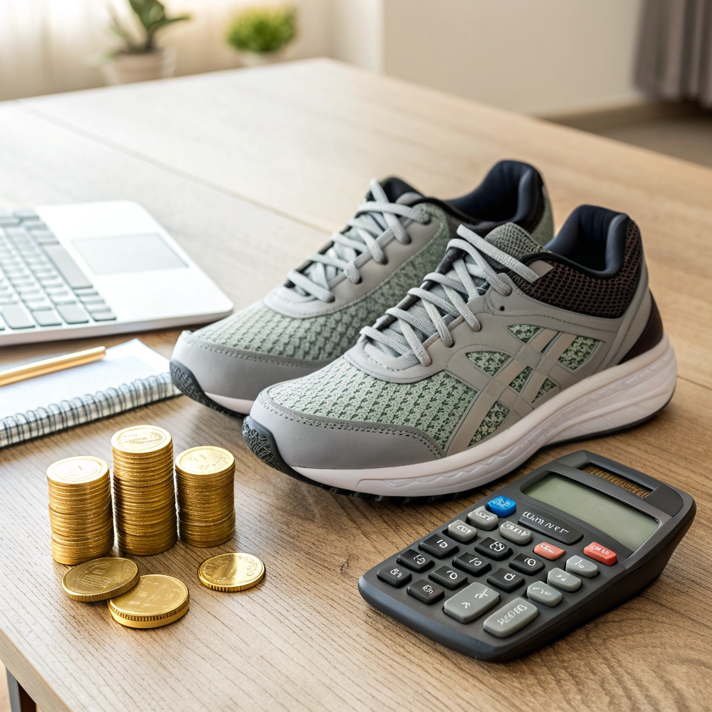 A pair of running shoes next to a stack of gold coins and a calculator.
